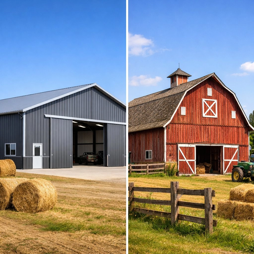 Custom steel pole barn designed for farm and commercial use