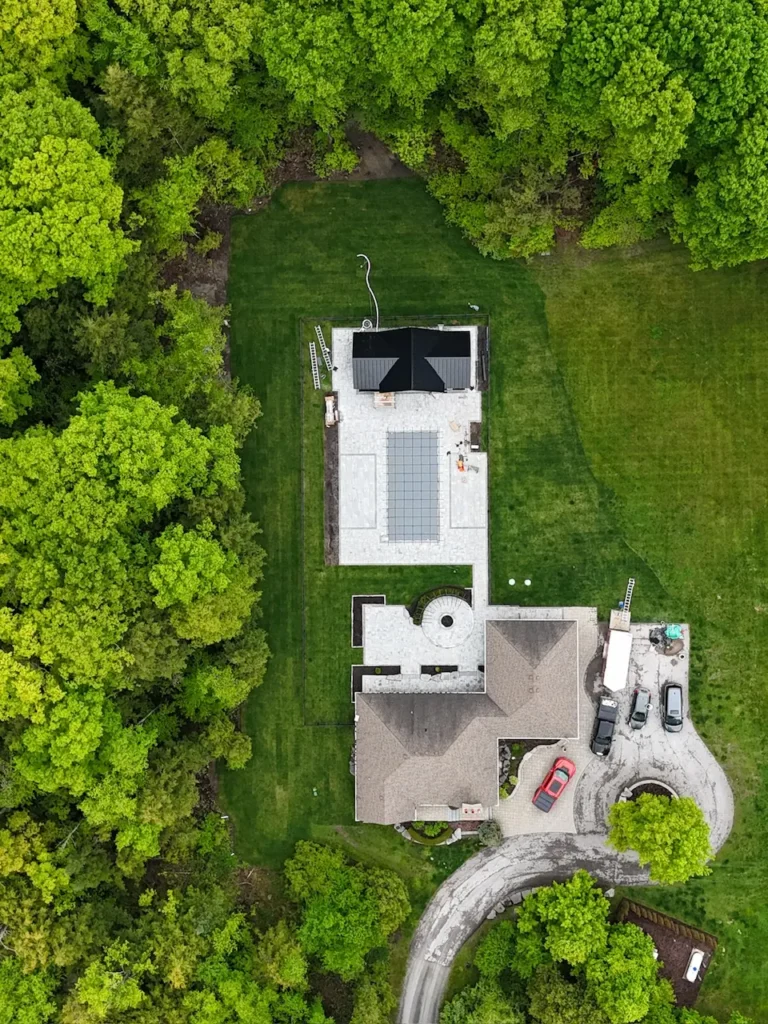 Aerial drone view of a completed agricultural building project on an Ontario farm property