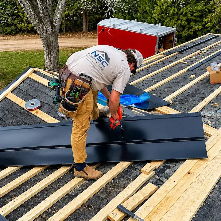 Black ribbed steel roofing panels being installed over strapping on Pontypool home