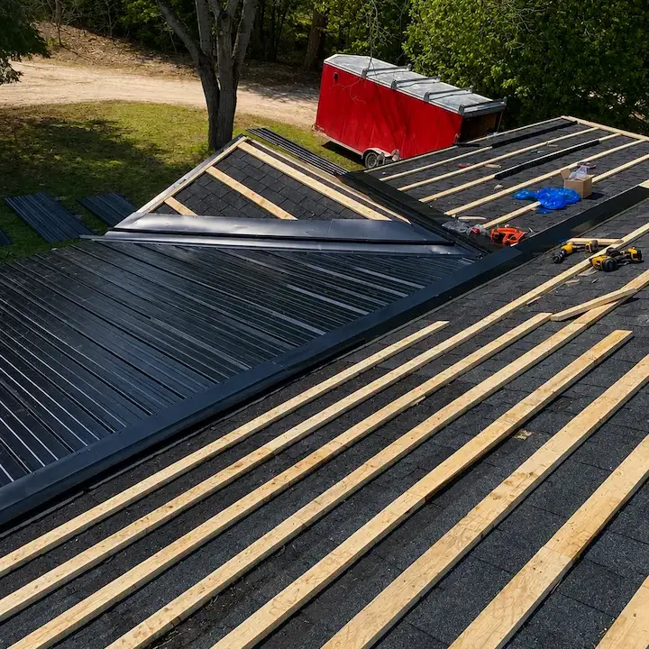 Spruce strapping installed horizontally over existing asphalt shingles before steel panel install