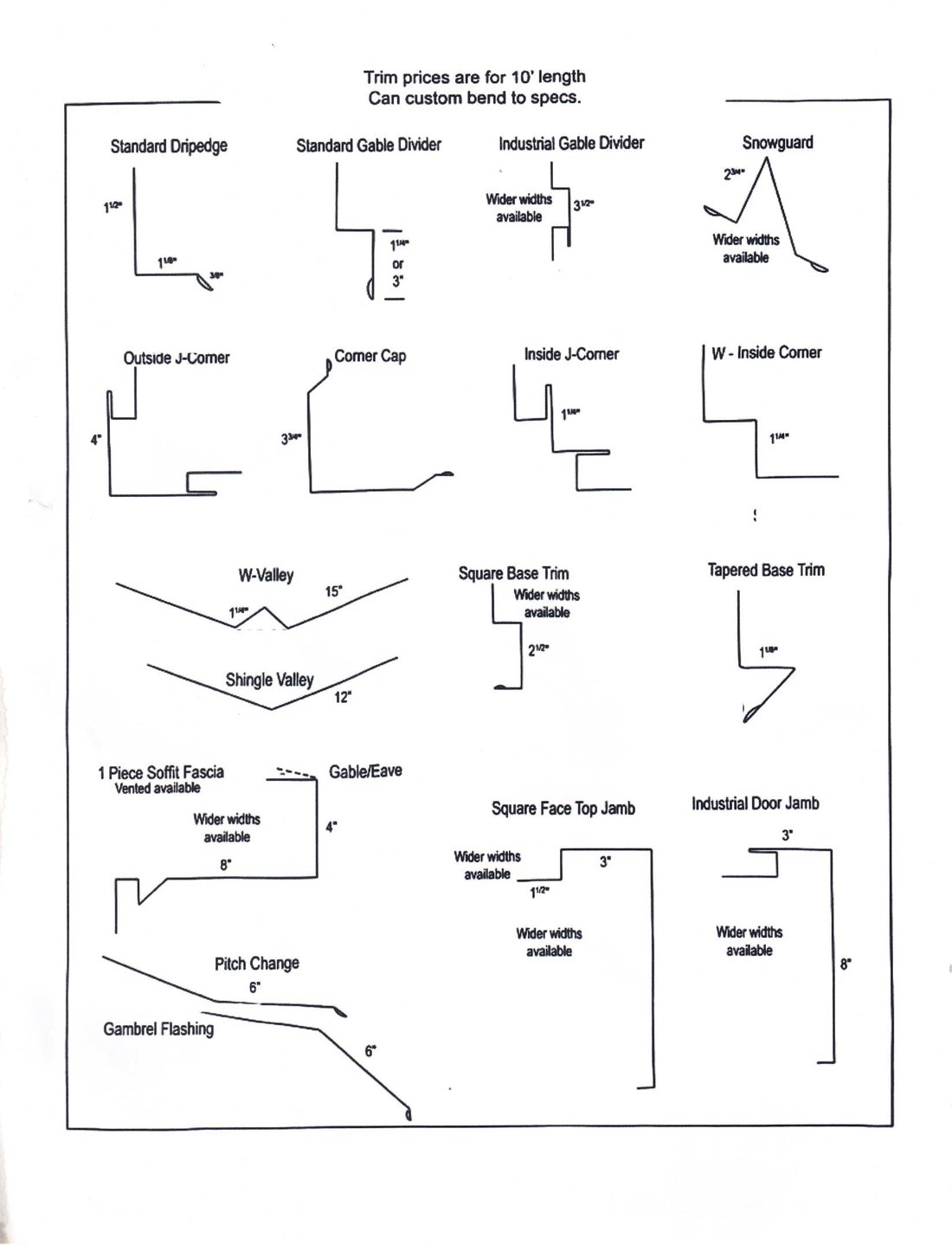 Steel trim & flashing profiles — dripedge, corners, valleys, base trim, jambs, soffit fascia, snowguard