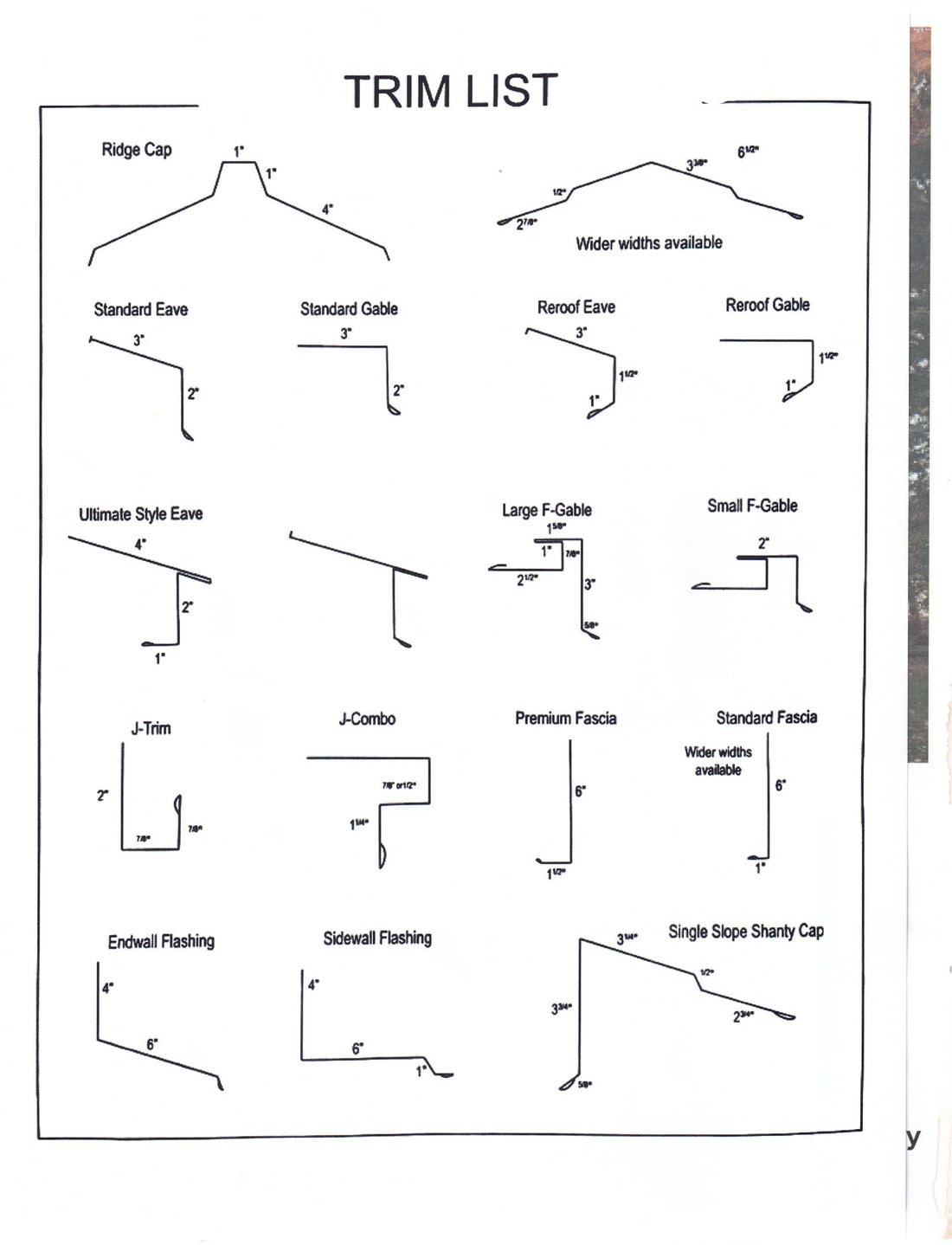 Steel trim list — ridge cap, eaves, gables, fascia, endwall & sidewall flashing, shanty cap