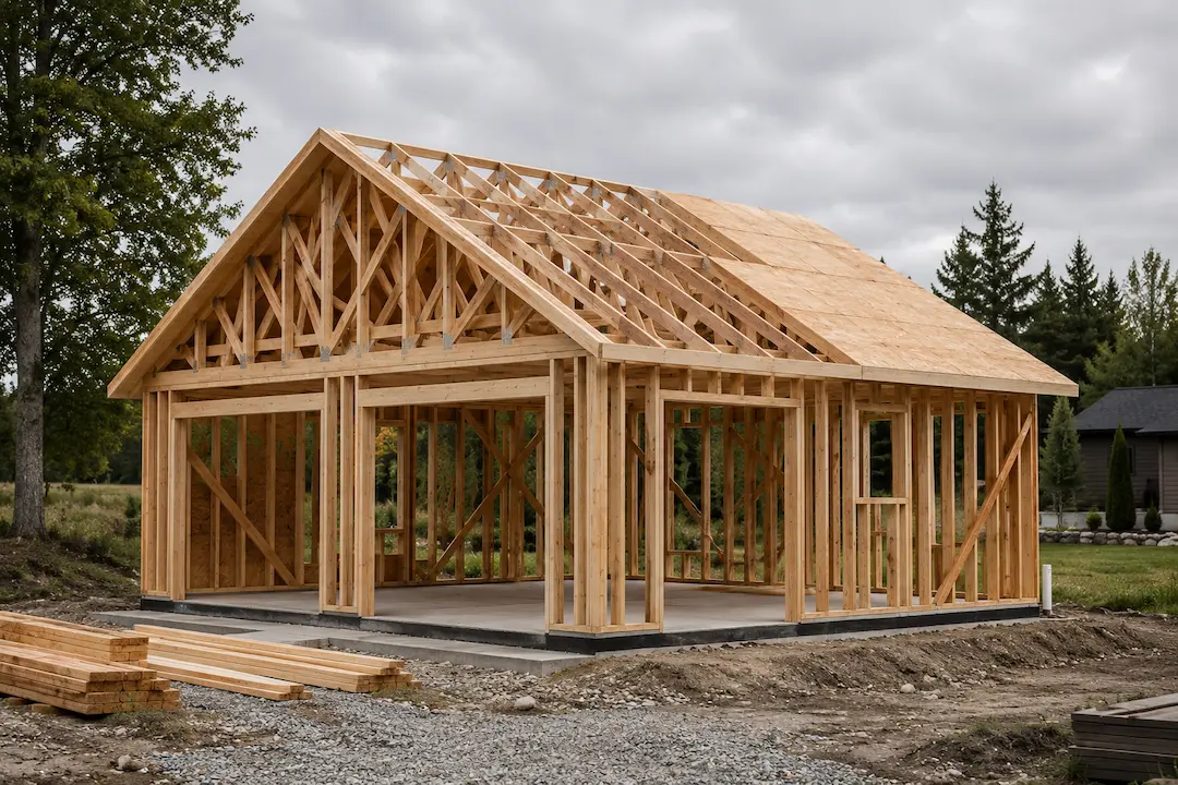 Detached garage building permit project in Port Hope, Ontario — framed two-car garage with engineered roof trusses