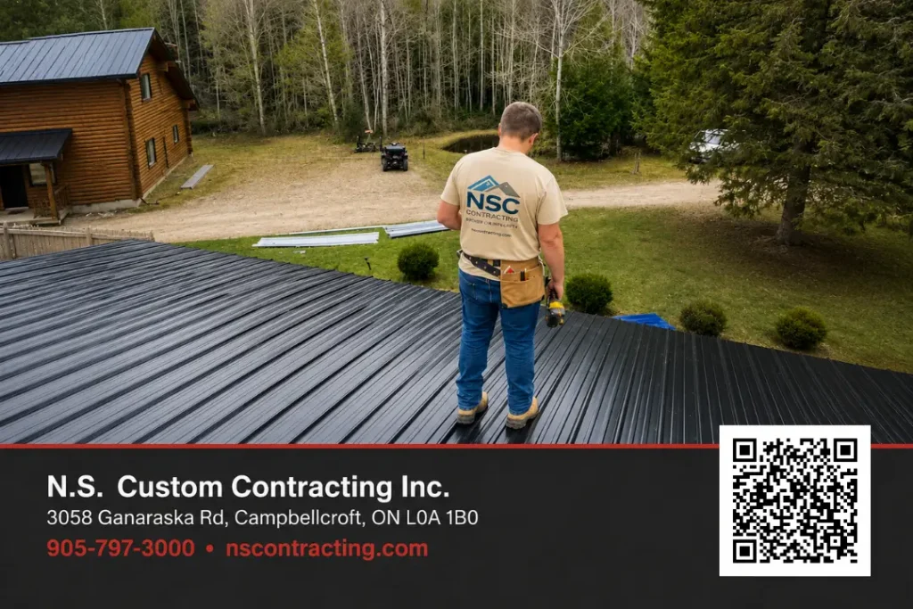 N.S. Custom Contracting roofer installing spruce strapping on Pontypool roof with property and pond in background