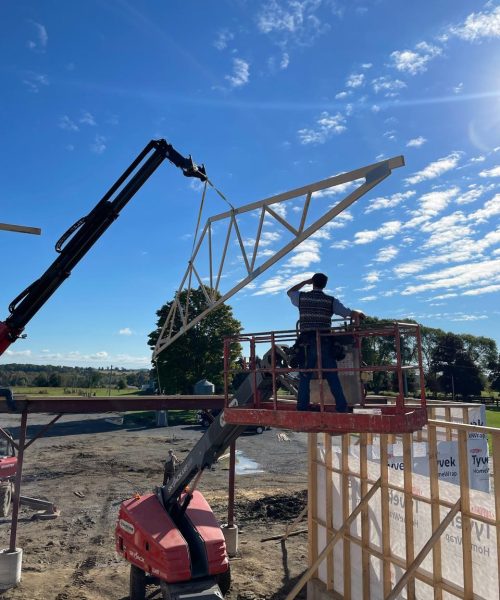 Wood framing stage of a custom detached garage build in Northumberland County